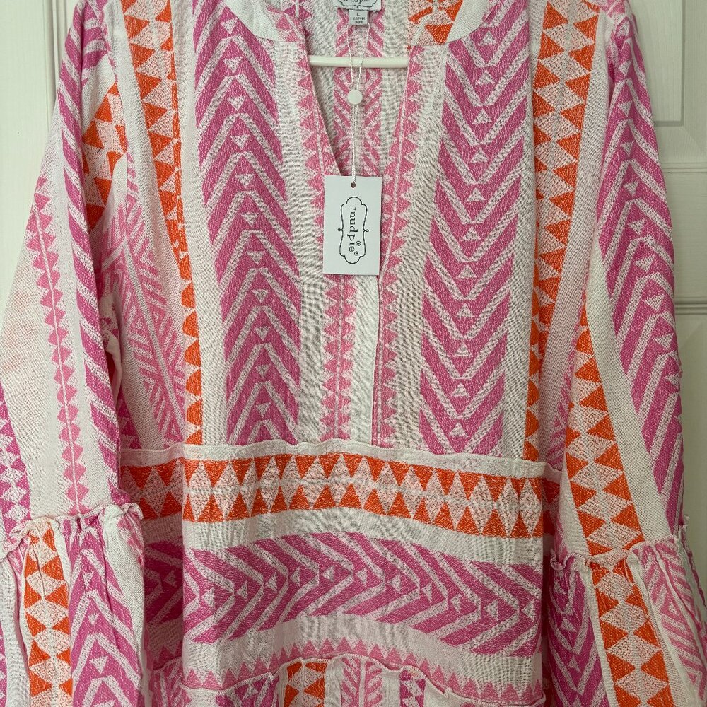 NWT Mud Pie Yarn Dyed, Layered Cotton Dress, Loose Fit, Midi Length, Size Large